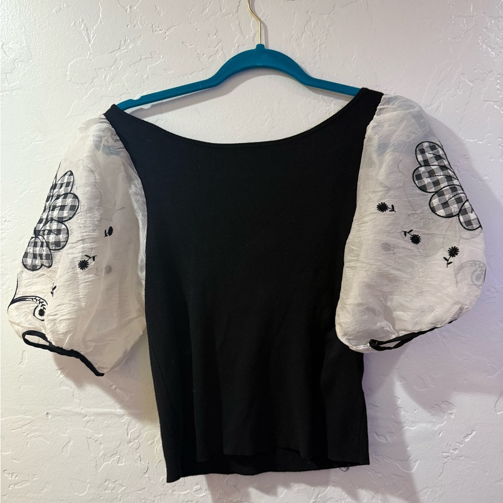 Maeve Black Top with White Patterned Puff Sleeves